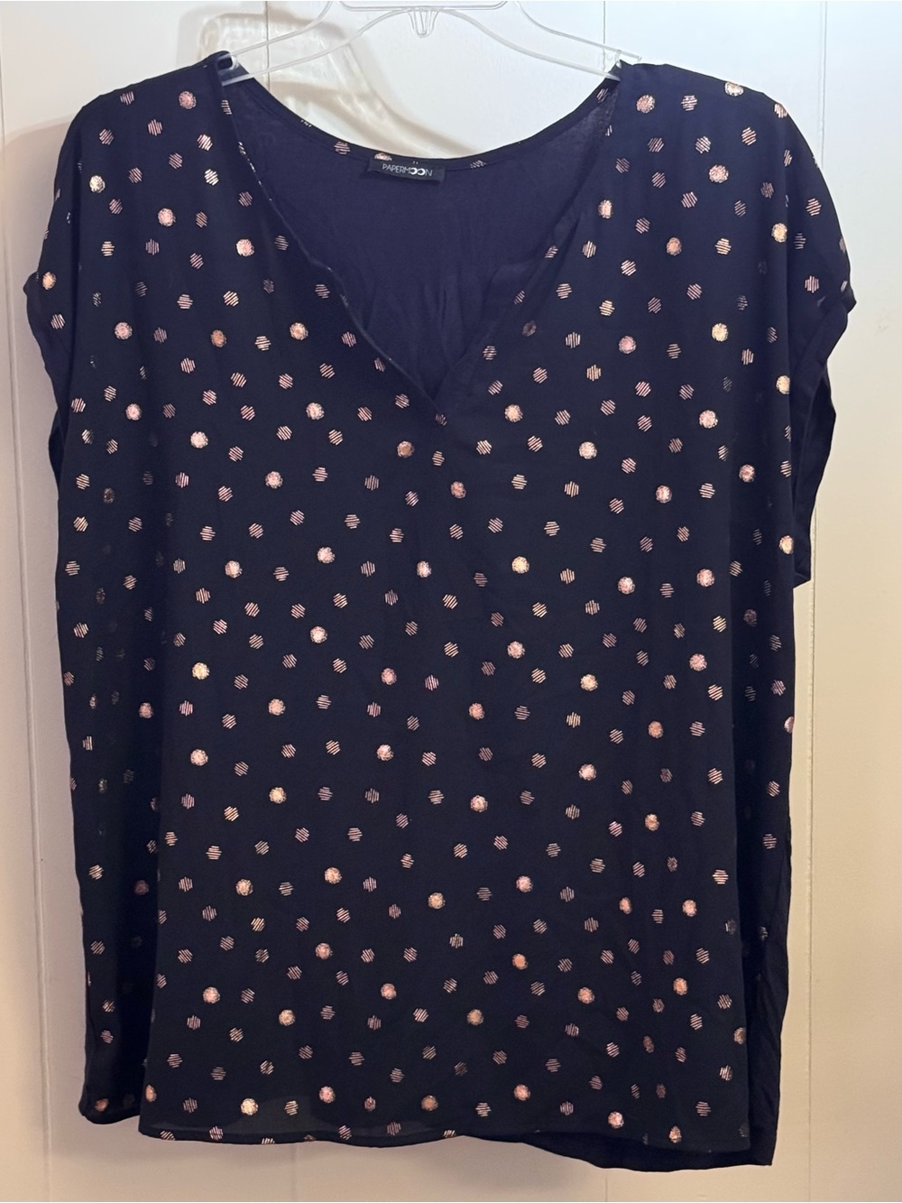 Papermoon Navy Short-Sleeve Mixed-Media V-Neck Top with Metallic Gold Dot Print